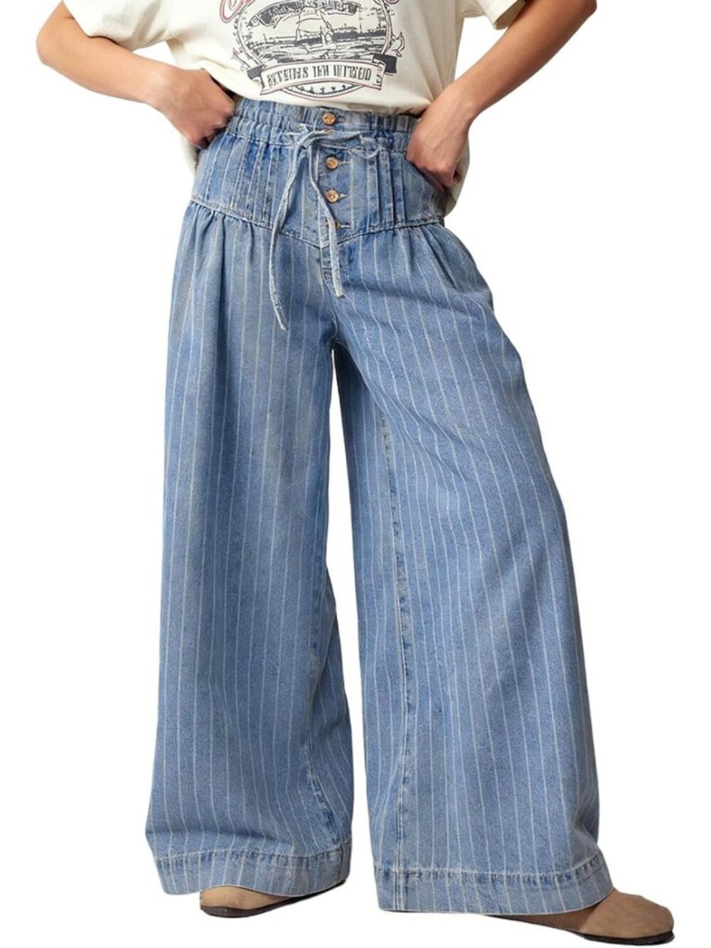 Baggy Wide Leg Denim Pants for Women | Drawstring Midi Flare Jeans with Ruffles